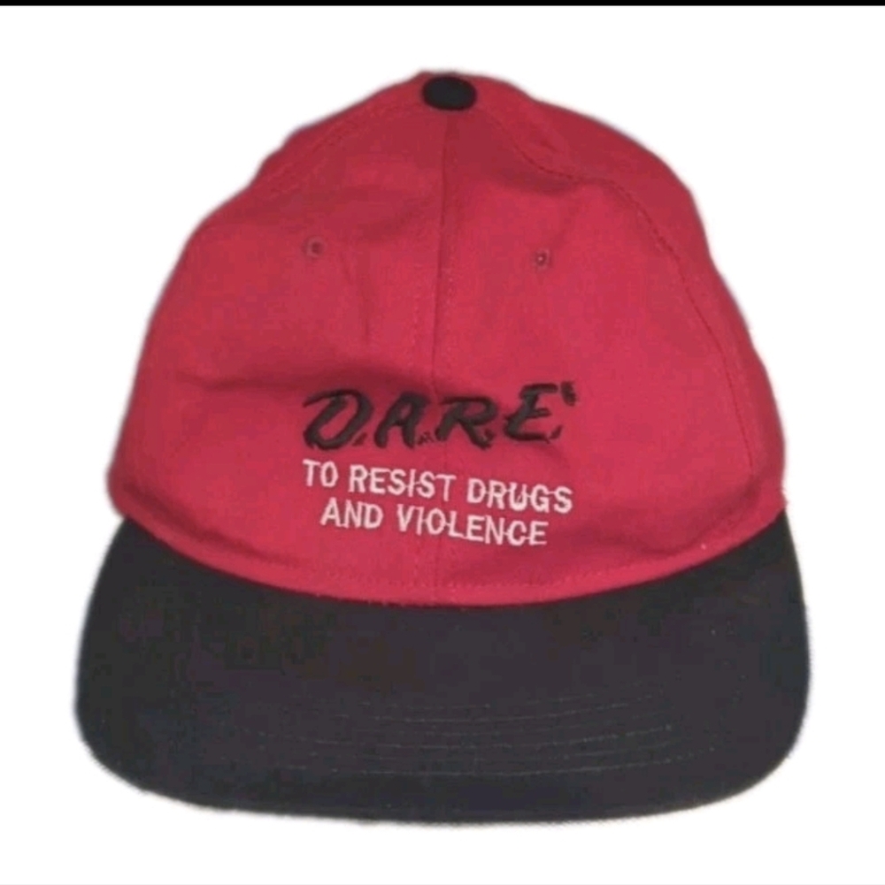 Vintage D.A.R.E. Snapback Hat 90's Red & Black Flat Brim Baseball Cap Style